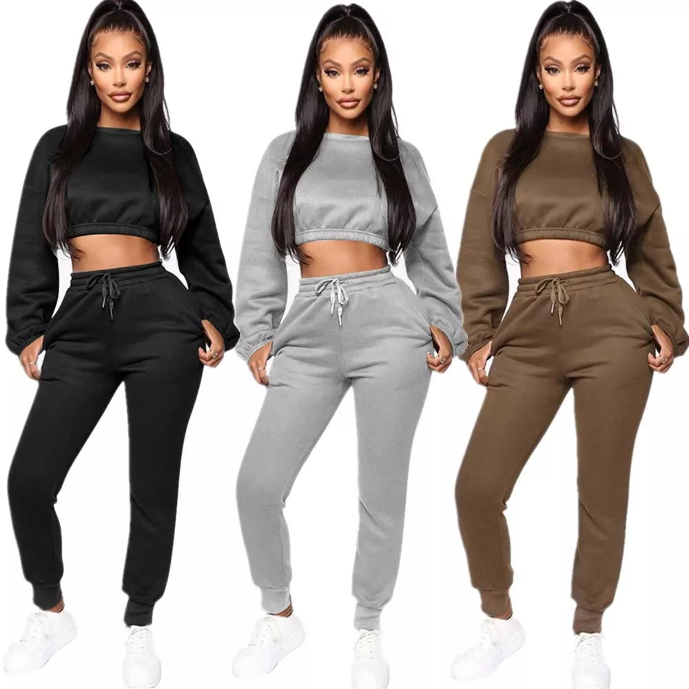 Echoine Winter Thick fleece Hoodies Tops and Pants Two Piece Set Women Tracksuit Crop Top Trousers Casual Sportwear Matching Set