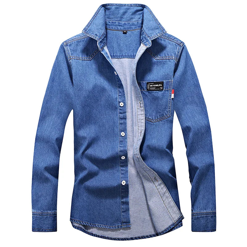 long-sleeved solid denim shirt men fashion brand Classic retro denim Pocket decoration Business shirt Spring and Autumn Tops