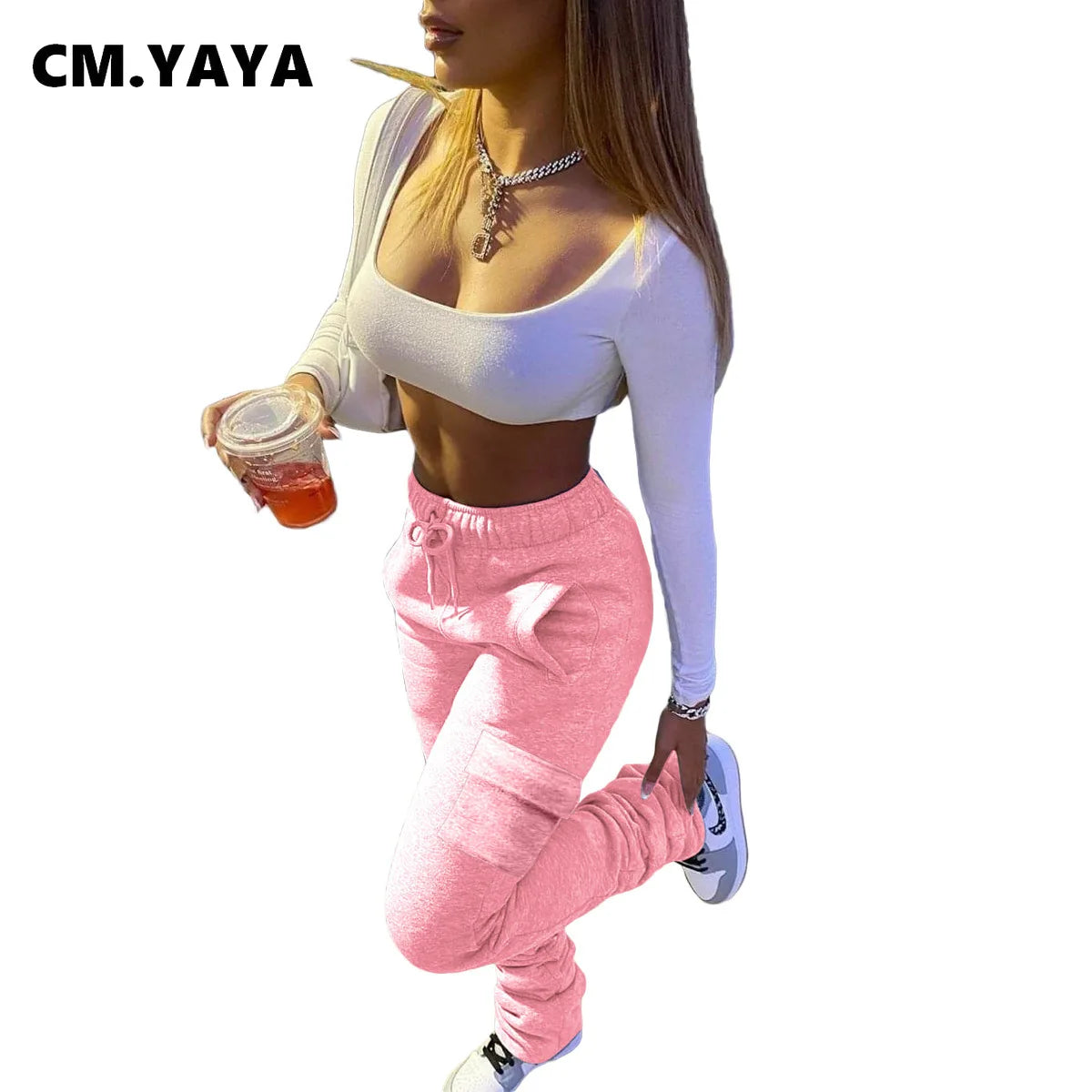 CM.YAYA Sportwear Women Stacked Bellbottom Jogger Pants Activewear Fashion Trousers Draped Flare Pocket Safari Sweatpants