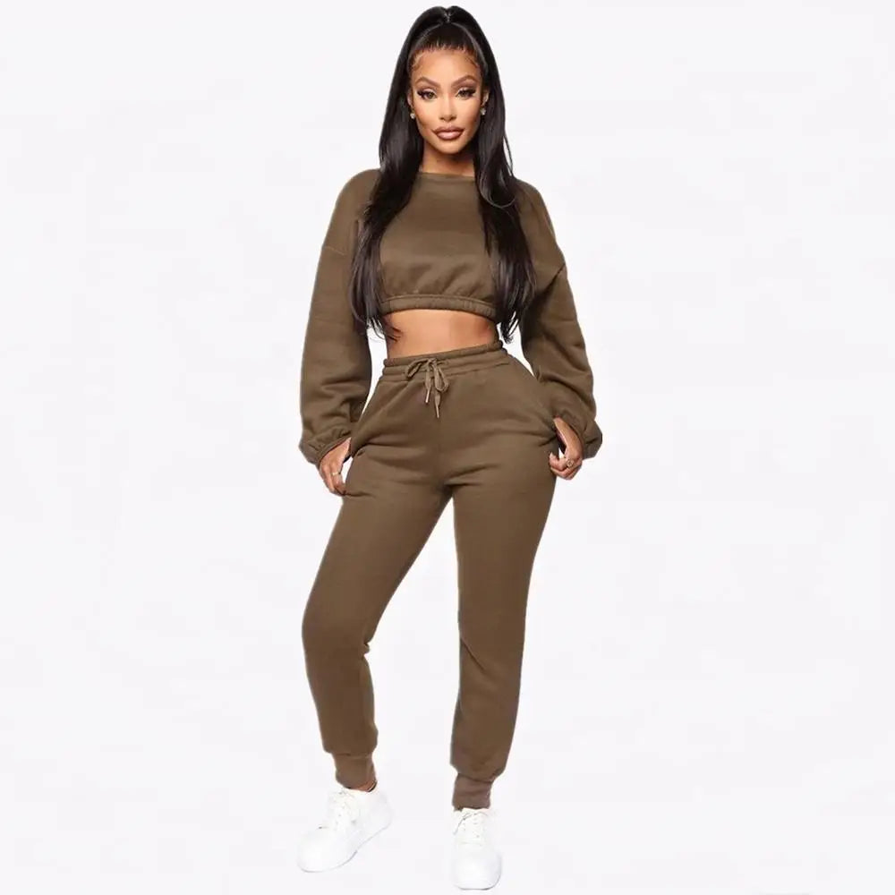 Echoine Winter Thick fleece Hoodies Tops and Pants Two Piece Set Women Tracksuit Crop Top Trousers Casual Sportwear Matching Set