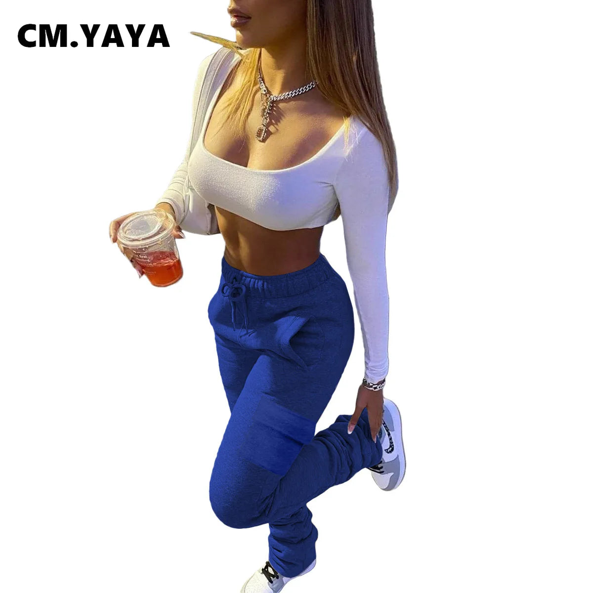 CM.YAYA Sportwear Women Stacked Bellbottom Jogger Pants Activewear Fashion Trousers Draped Flare Pocket Safari Sweatpants