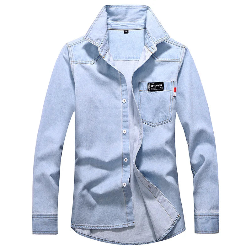 long-sleeved solid denim shirt men fashion brand Classic retro denim Pocket decoration Business shirt Spring and Autumn Tops