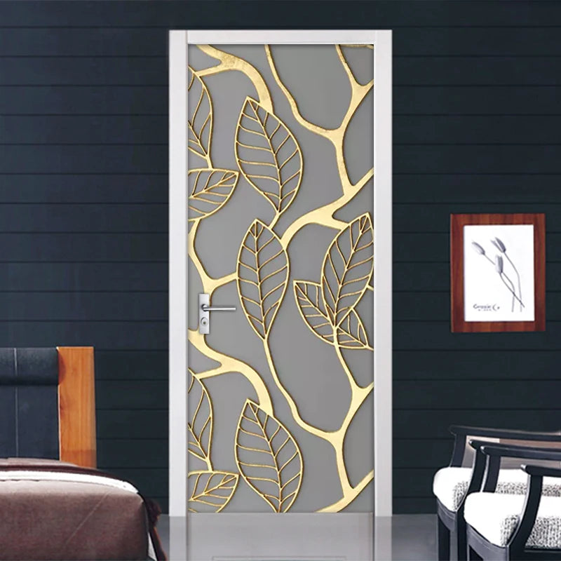 2Pcs/Set Golden Leaves 3D Door Sticker PVC Self-adhesive Waterproof Wallpaper Wall Decals Home Decor Living Room Bedroom Decor