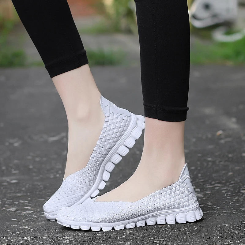 Women Shoes Summer Casual Flats Breathable Female Sneakers Woven Walking Shoes Slip On Ladies Loafers Handmade Shoes Size 35-40