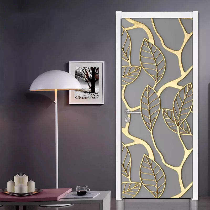 2Pcs/Set Golden Leaves 3D Door Sticker PVC Self-adhesive Waterproof Wallpaper Wall Decals Home Decor Living Room Bedroom Decor