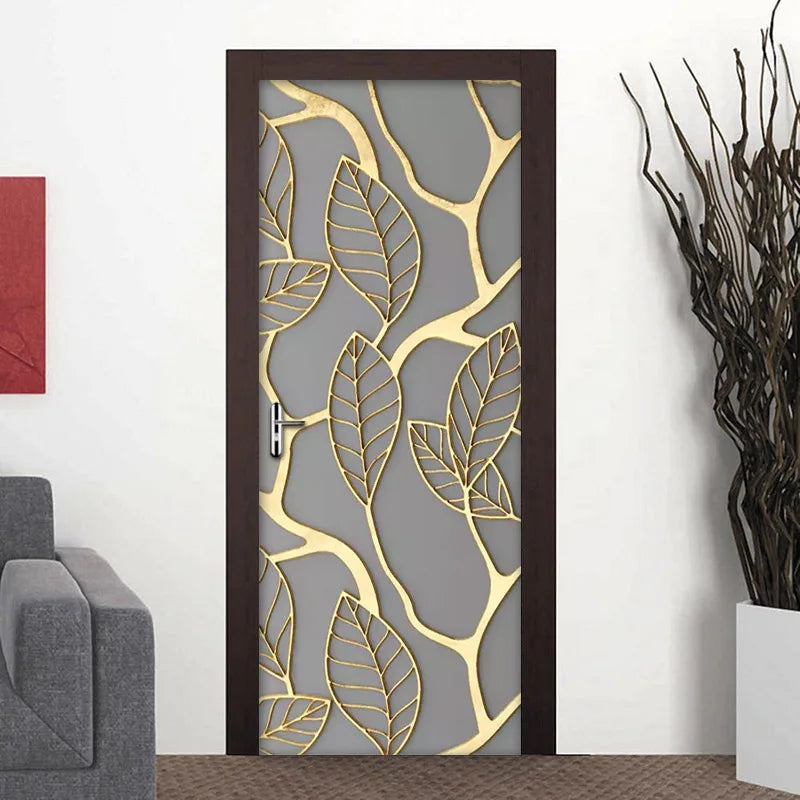 2Pcs/Set Golden Leaves 3D Door Sticker PVC Self-adhesive Waterproof Wallpaper Wall Decals Home Decor Living Room Bedroom Decor