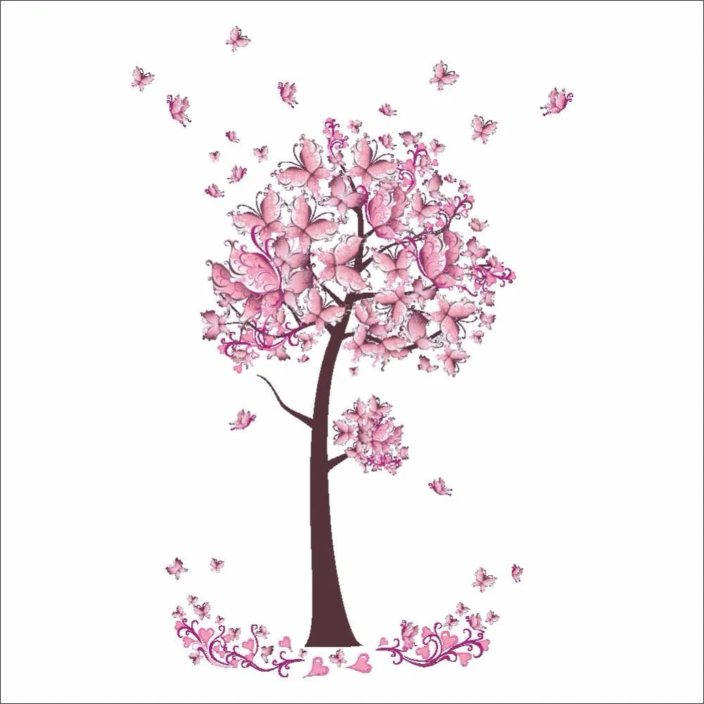 Pink butterfly flower Tree Wall Stickers Decals Girls Women Flower Mural Vinyl Wallpaper Home Living Room Bedroom Decor