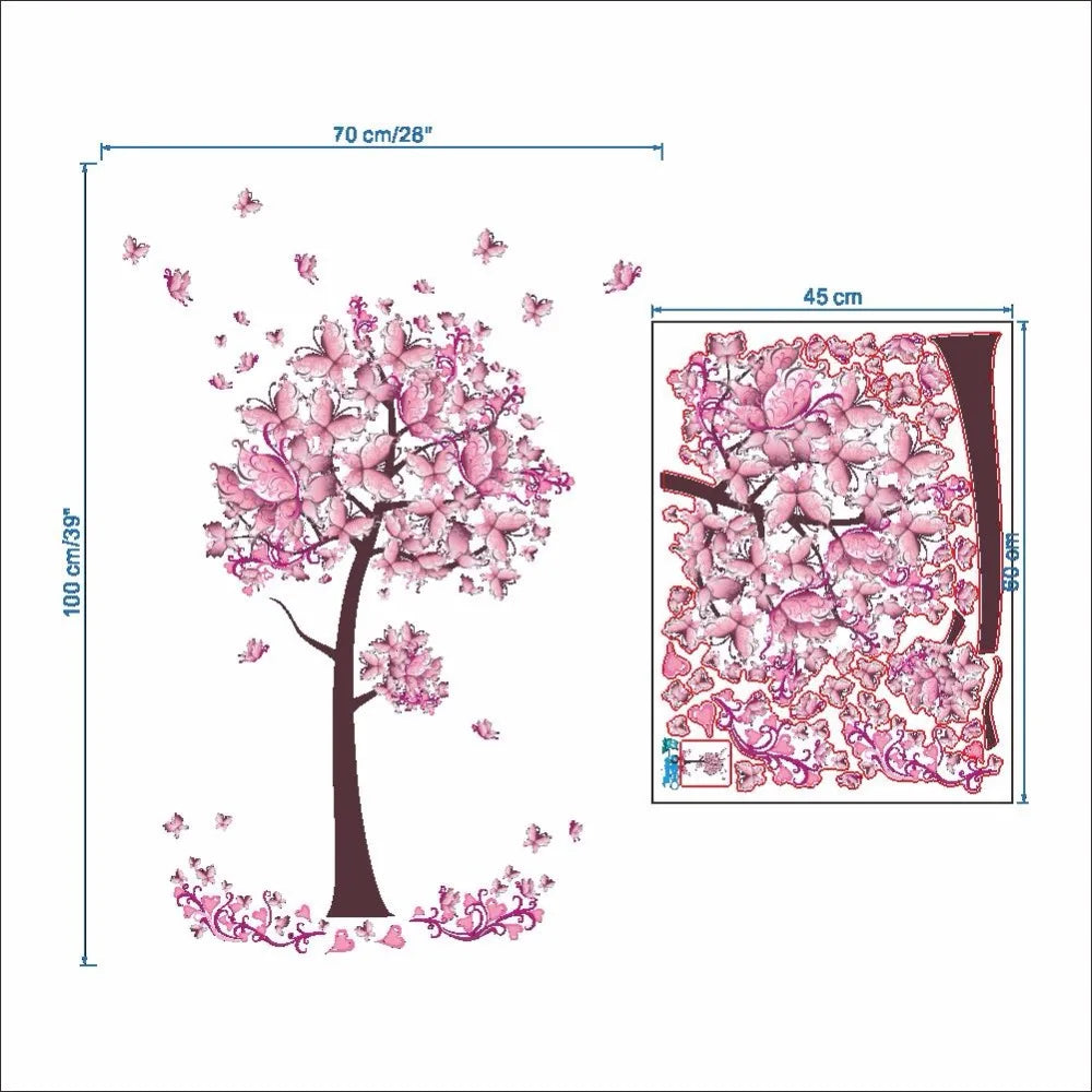 Pink butterfly flower Tree Wall Stickers Decals Girls Women Flower Mural Vinyl Wallpaper Home Living Room Bedroom Decor