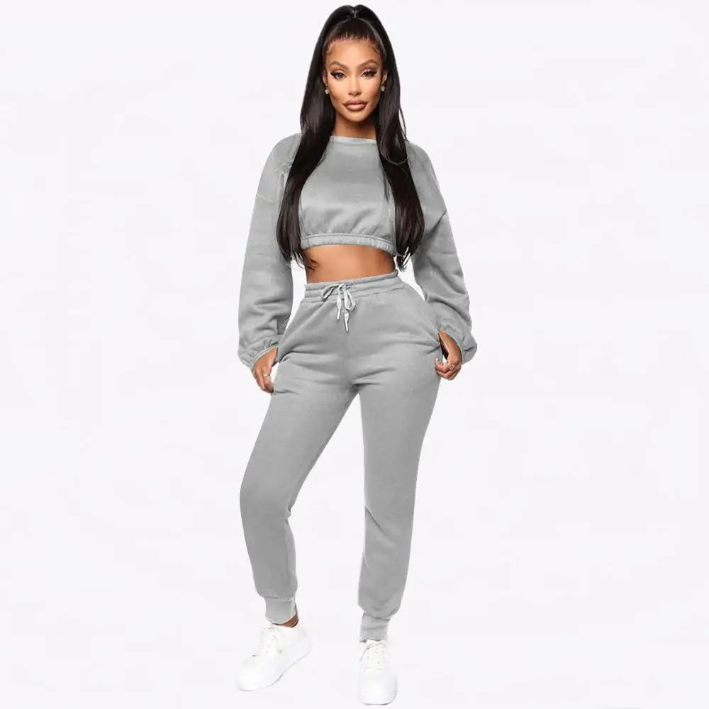 Echoine Winter Thick fleece Hoodies Tops and Pants Two Piece Set Women Tracksuit Crop Top Trousers Casual Sportwear Matching Set