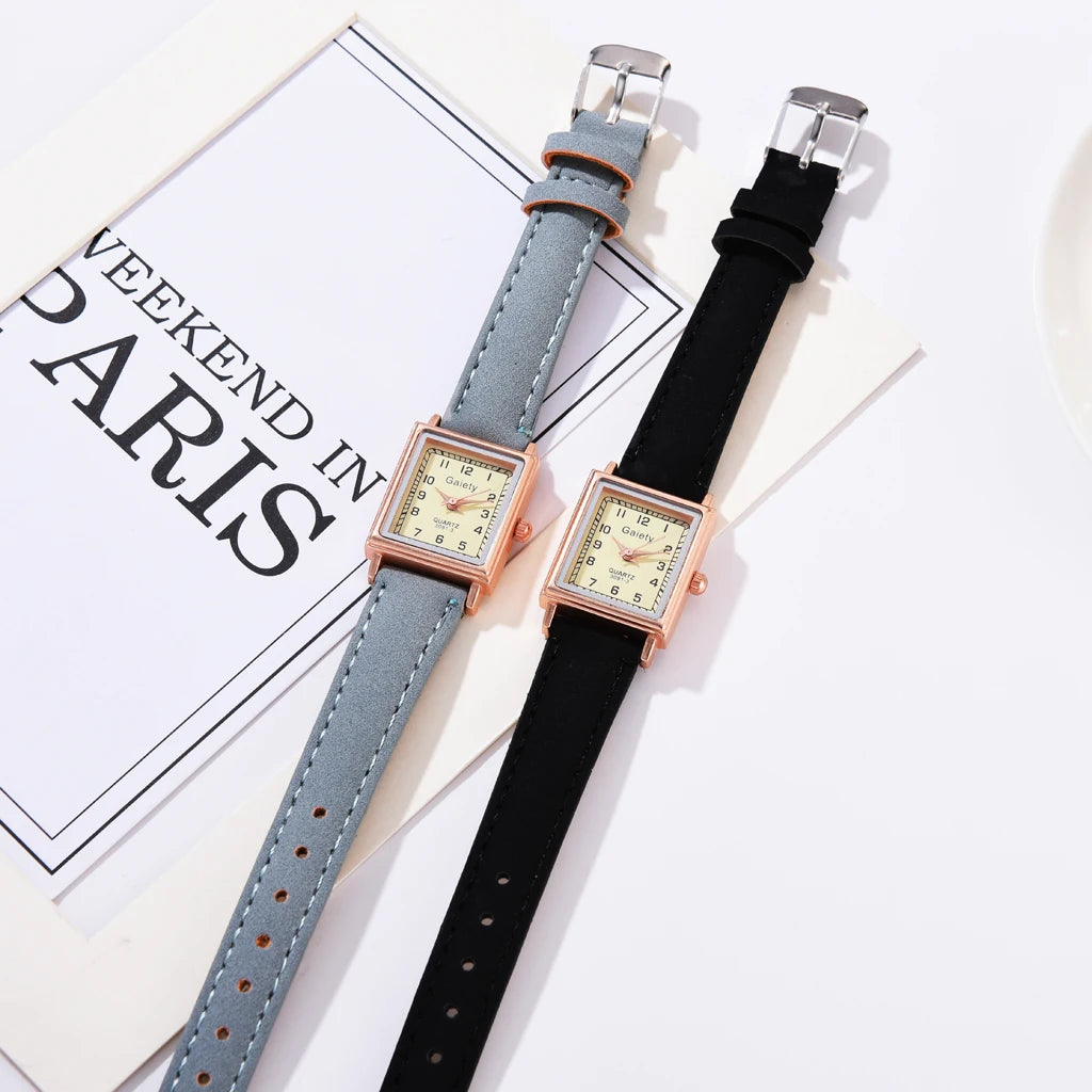 2PCS /Set Fashion Women Leather Belt Dress Quartz Clock Square Dial Sport Casual Bracelet Ladies Wrist Watch Relogio Reloj Mujer