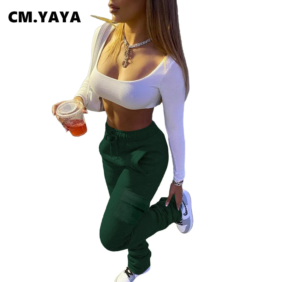 CM.YAYA Sportwear Women Stacked Bellbottom Jogger Pants Activewear Fashion Trousers Draped Flare Pocket Safari Sweatpants