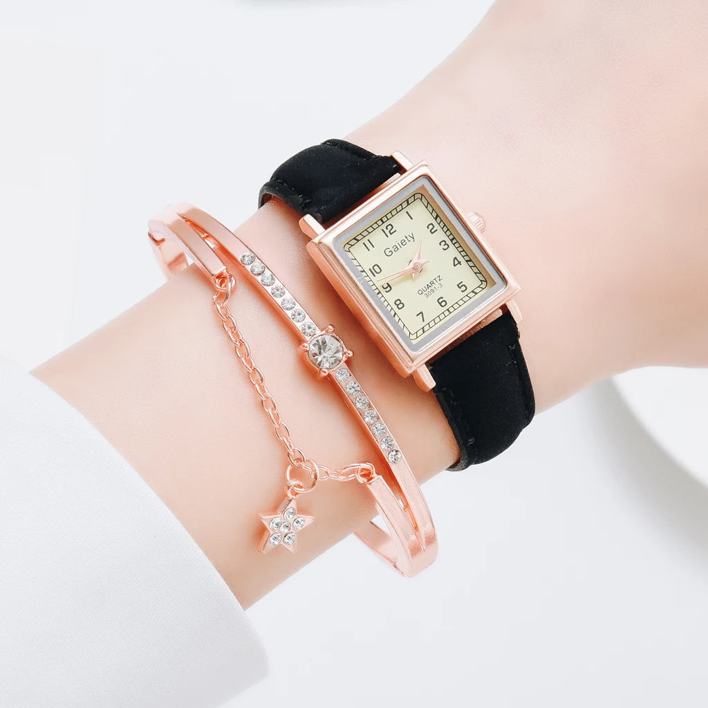 2PCS /Set Fashion Women Leather Belt Dress Quartz Clock Square Dial Sport Casual Bracelet Ladies Wrist Watch Relogio Reloj Mujer