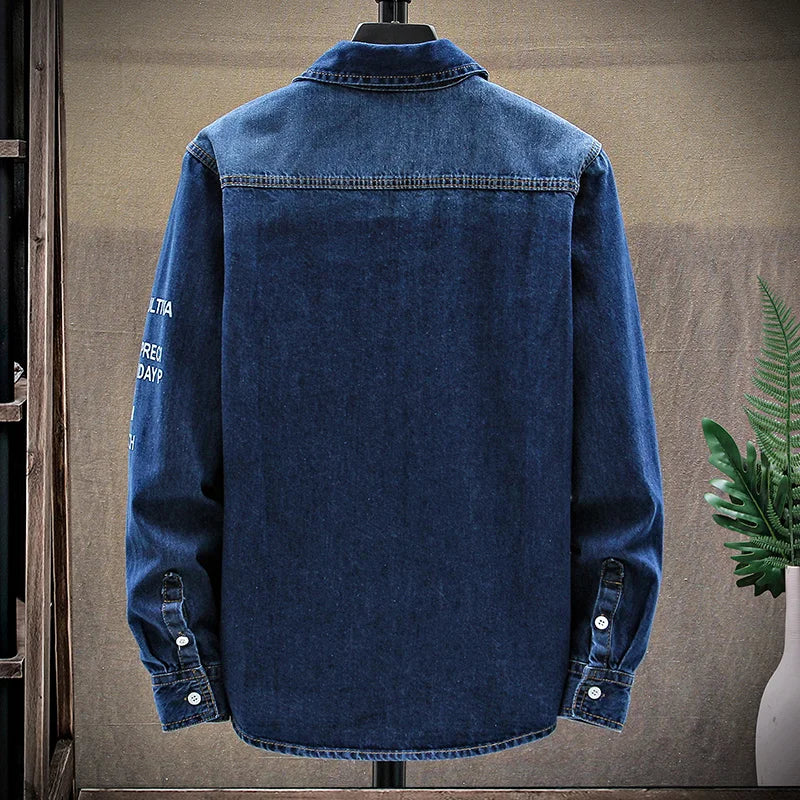 long-sleeved solid denim shirt men fashion brand Classic retro denim Pocket decoration Business shirt Spring and Autumn Tops