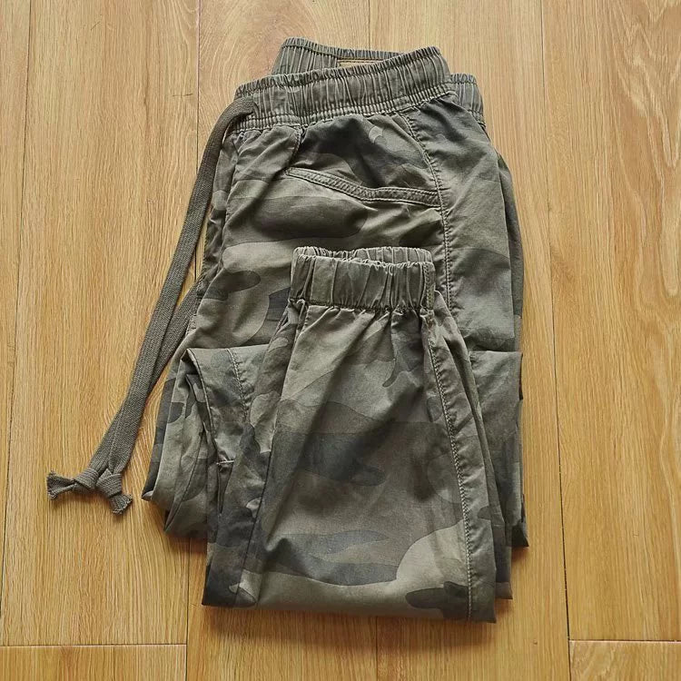 Non-Inductive Drawstring Elastic Waist Camouflage Cargo Pants Thin Material