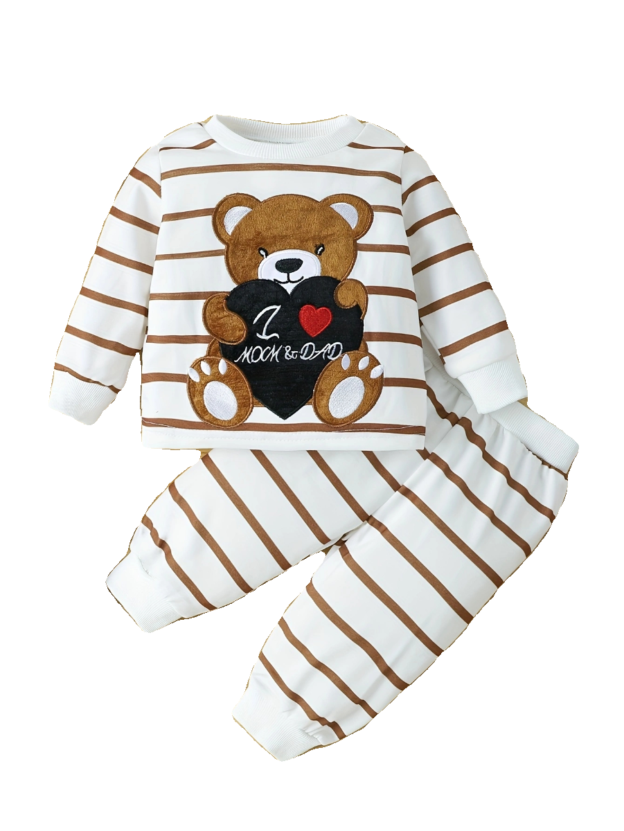 Export Ins Baby Boy Spring and Autumn Patch Bear Pullover Long Sleeve Top Trousers Striped Suit Tide