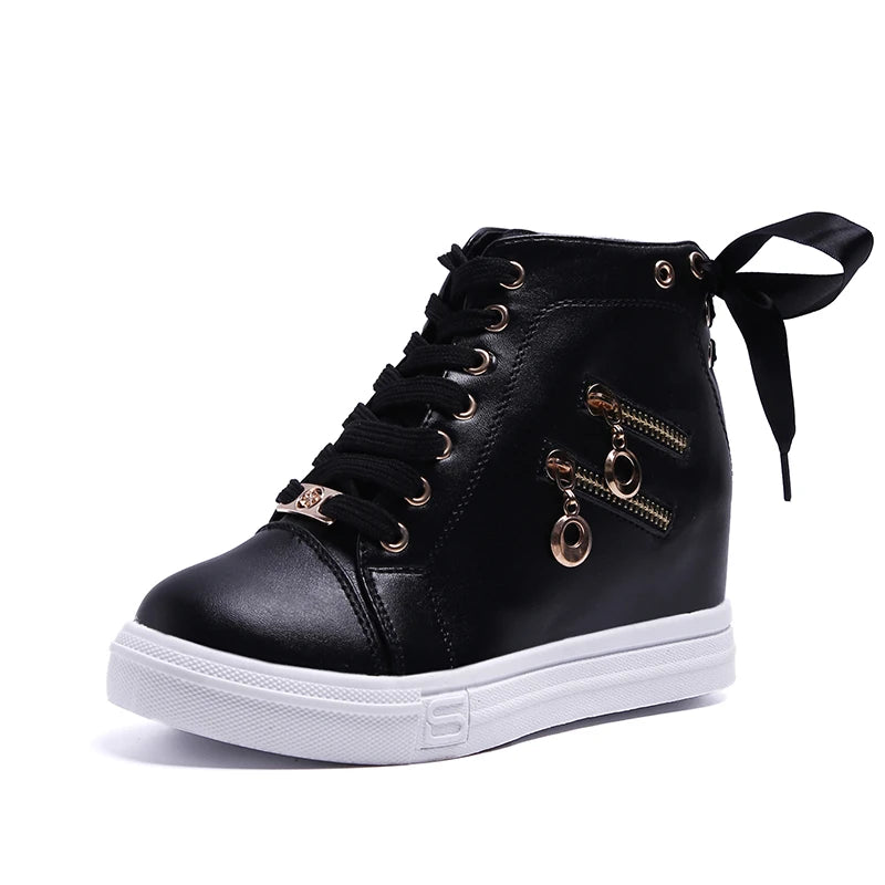 High Top Shoes 2022 Spring Autumn Women's Vulcanized Shoes Female Fashion Lace-Up Casual Shoes Wedge Zip Sneakers Womne Shoes