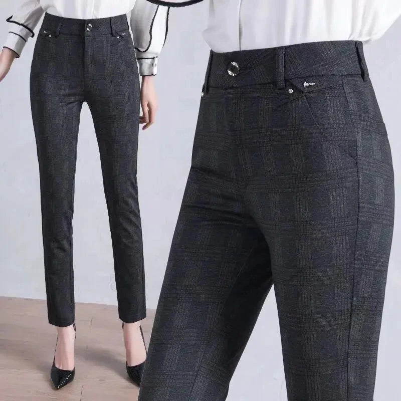 Women's Pants Black Lattice Work Wear Office Lady Straight Pants Female High Waist Casual Long Pants Trousers High Quality 7XL