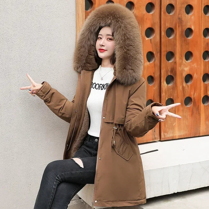 Women Parka Fashion Long Coat Wool Liner Hooded Parkas 2023 New Winter Jacket Slim with Fur Collar Warm Snow Wear Padded Clothes