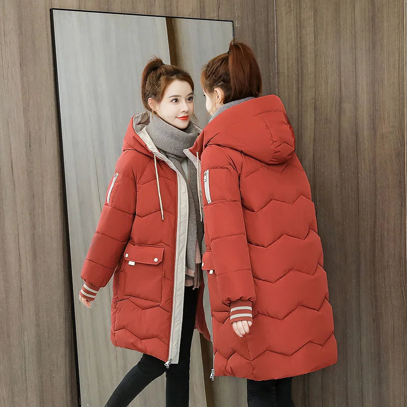 Winter Women Coat Mid-length Hooded Cotton Padded Parkas 4XL Warm Thicken Casual Overcoat Loose Snow Wear Solid Outwear Jacket