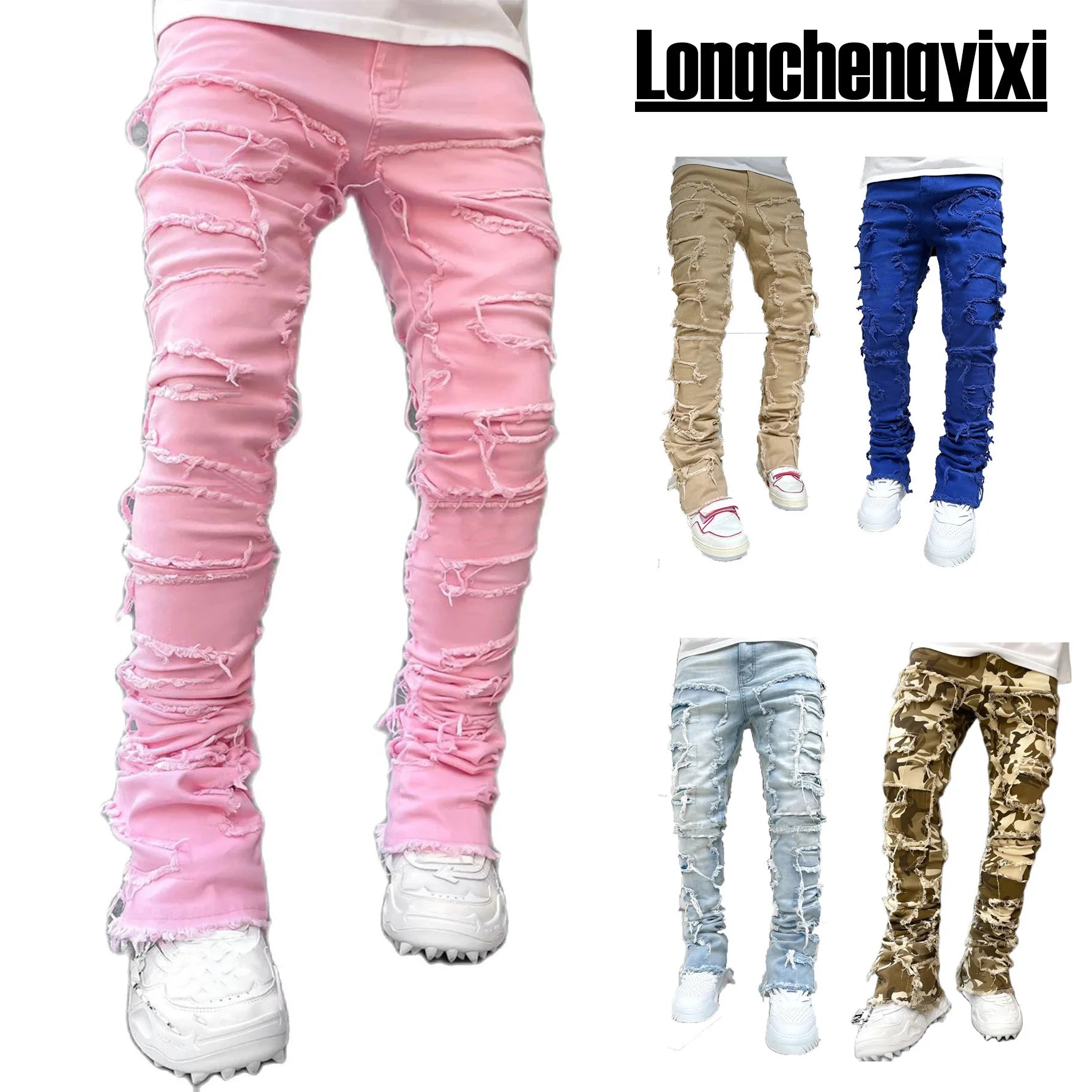 Streetwise Stretch Patch Jeans For Men Bottom Baggy Men's Clothing Summer Solid New Fashion Mid Waist Patchwork Long Pants Male