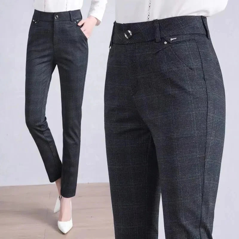 Women's Pants Black Lattice Work Wear Office Lady Straight Pants Female High Waist Casual Long Pants Trousers High Quality 7XL