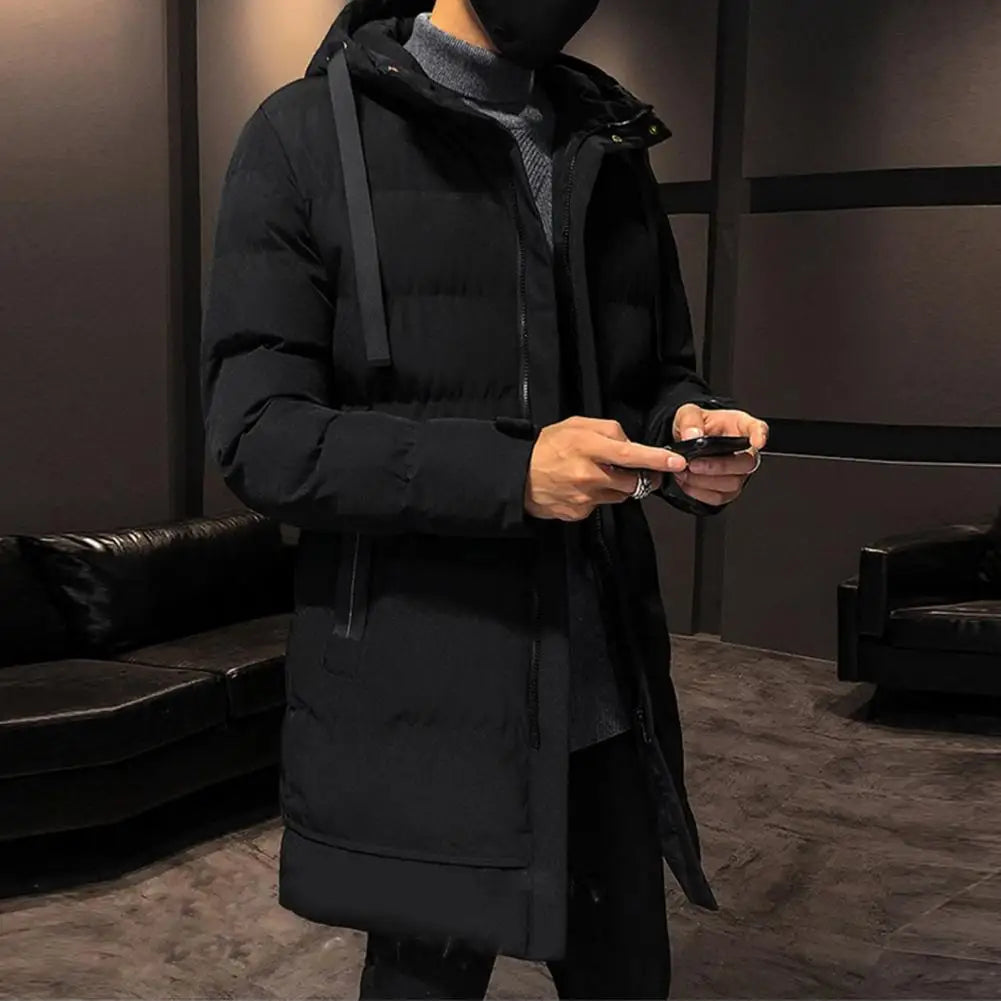 Men Long Down Jackets WinterCotton Padded Hooded Long Sleeve Drawstring Mid-length Windbreaker for Daily Wear