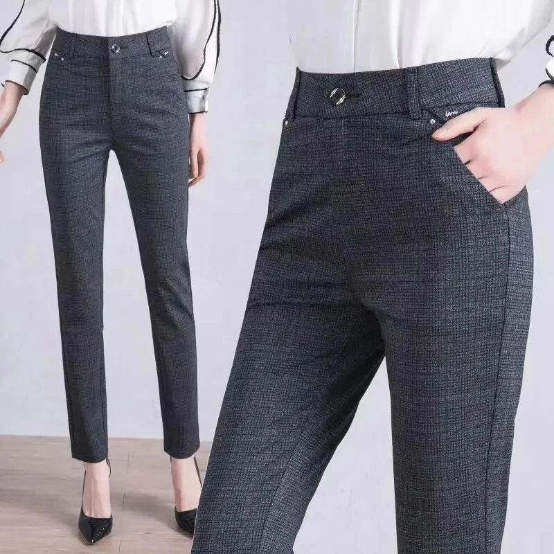 Women's Pants Black Lattice Work Wear Office Lady Straight Pants Female High Waist Casual Long Pants Trousers High Quality 7XL