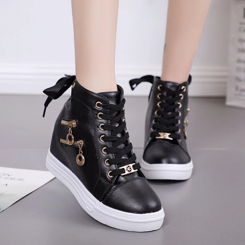 High Top Shoes 2022 Spring Autumn Women's Vulcanized Shoes Female Fashion Lace-Up Casual Shoes Wedge Zip Sneakers Womne Shoes