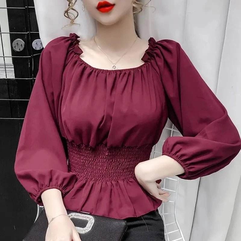 Youth Elegant Blouse Women Chiffon Fashion Blouse Off Shoulder White Shirt Ruffle Puff Sleeve Top Office wear 2023