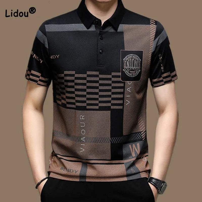 Summer Business Office Casual Short Sleeve Polo-Neck T-shirt 2023 Fashion Male Clothes Korean Trend Printed Spliced Men's Tops