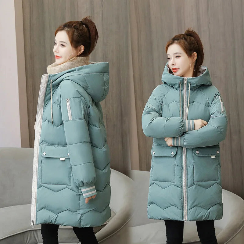 Winter Women Coat Mid-length Hooded Cotton Padded Parkas 4XL Warm Thicken Casual Overcoat Loose Snow Wear Solid Outwear Jacket