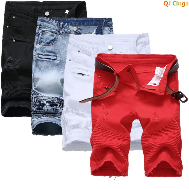 2023 Summer New Men's Jeans Shorts Pleats and Holes Decorated Shorts Men Blue White Black Blue Red Denim Shorts