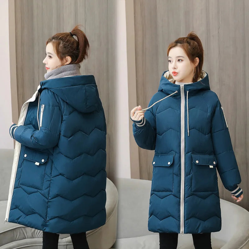 Winter Women Coat Mid-length Hooded Cotton Padded Parkas 4XL Warm Thicken Casual Overcoat Loose Snow Wear Solid Outwear Jacket