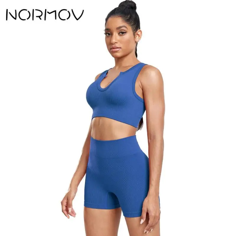 NORMOV Summer Ribbed Yoga Sets Seamless Fitness Suits 1/2 Pieces Gym Sets Solid Shorts Push Up Bra Sportwear Short Sets