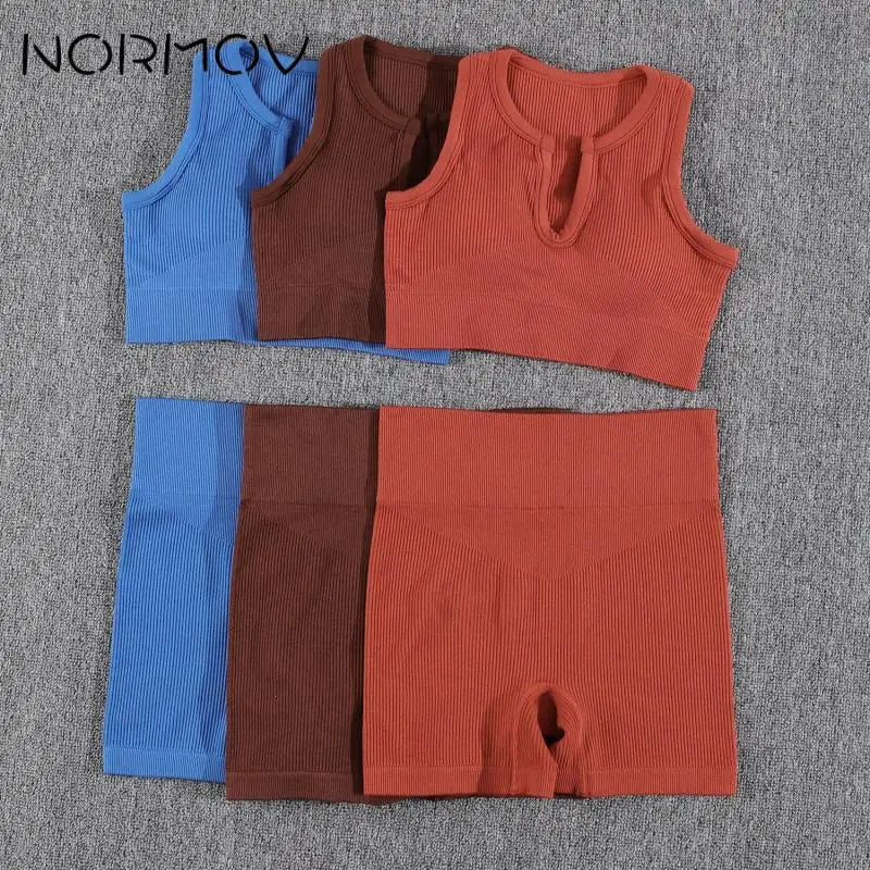 NORMOV Summer Ribbed Yoga Sets Seamless Fitness Suits 1/2 Pieces Gym Sets Solid Shorts Push Up Bra Sportwear Short Sets