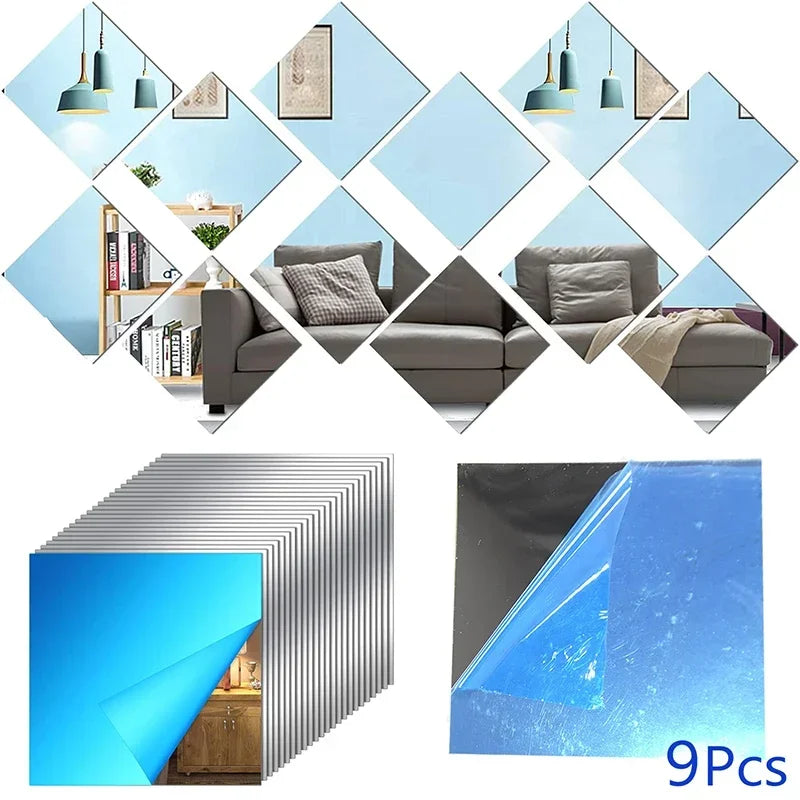 9Pcs 15CM Square PET Wall Decal Stickers Self-adhesive Mirror Tile Sheet Mosaic Home Decor Wall Paper Mural Bathroom DIY Acrylic