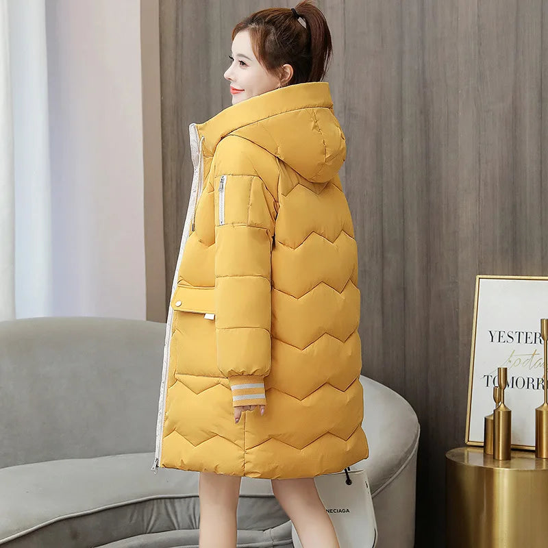 Winter Women Coat Mid-length Hooded Cotton Padded Parkas 4XL Warm Thicken Casual Overcoat Loose Snow Wear Solid Outwear Jacket