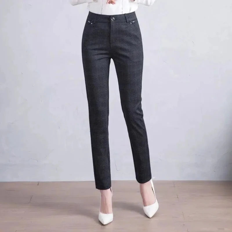 Women's Pants Black Lattice Work Wear Office Lady Straight Pants Female High Waist Casual Long Pants Trousers High Quality 7XL