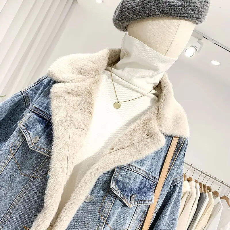 Jean Jacket Korean Winter Both Side Wear Plus Velvet Thick Warm Denim Coat Single Breasted Buttons Patchwork Plush Outwear Parka