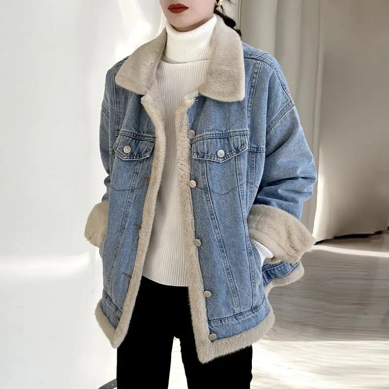 Jean Jacket Korean Winter Both Side Wear Plus Velvet Thick Warm Denim Coat Single Breasted Buttons Patchwork Plush Outwear Parka