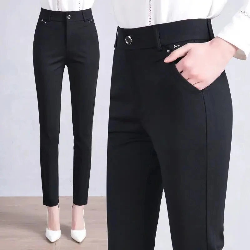 Women's Pants Black Lattice Work Wear Office Lady Straight Pants Female High Waist Casual Long Pants Trousers High Quality 7XL