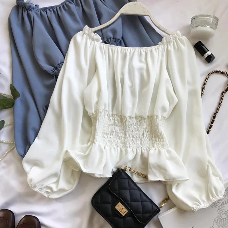 Youth Elegant Blouse Women Chiffon Fashion Blouse Off Shoulder White Shirt Ruffle Puff Sleeve Top Office wear 2023