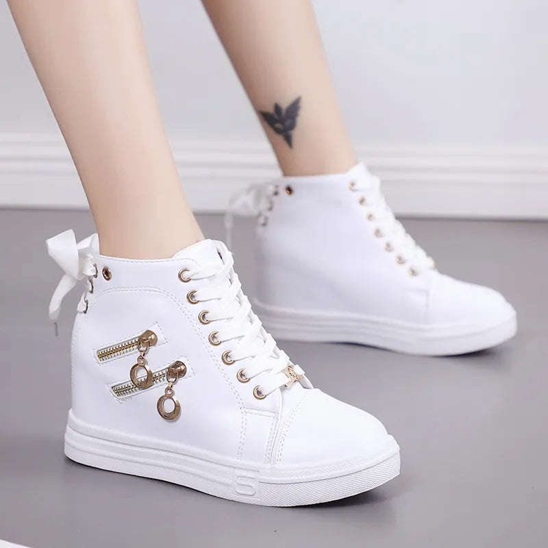 High Top Shoes 2022 Spring Autumn Women's Vulcanized Shoes Female Fashion Lace-Up Casual Shoes Wedge Zip Sneakers Womne Shoes