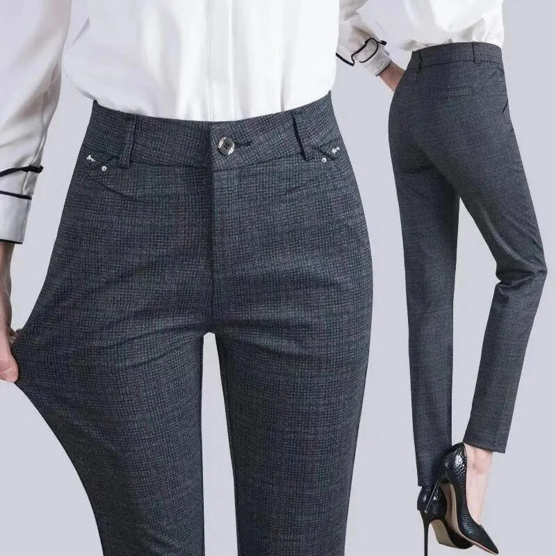 Women's Pants Black Lattice Work Wear Office Lady Straight Pants Female High Waist Casual Long Pants Trousers High Quality 7XL