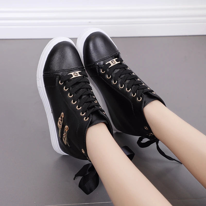 High Top Shoes 2022 Spring Autumn Women's Vulcanized Shoes Female Fashion Lace-Up Casual Shoes Wedge Zip Sneakers Womne Shoes