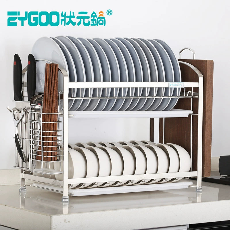 Zygoo Solid 304 Stainless Steel Double-Layer Bowl Rack Drain Bowl Dish Rack 2-Layer Kitchen Drip Storage Rack Wall Hanging